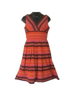 KAY UNGER NEW YORK Striped Orange Pink Sleeveless  Fit & Flare Dress Sz 4